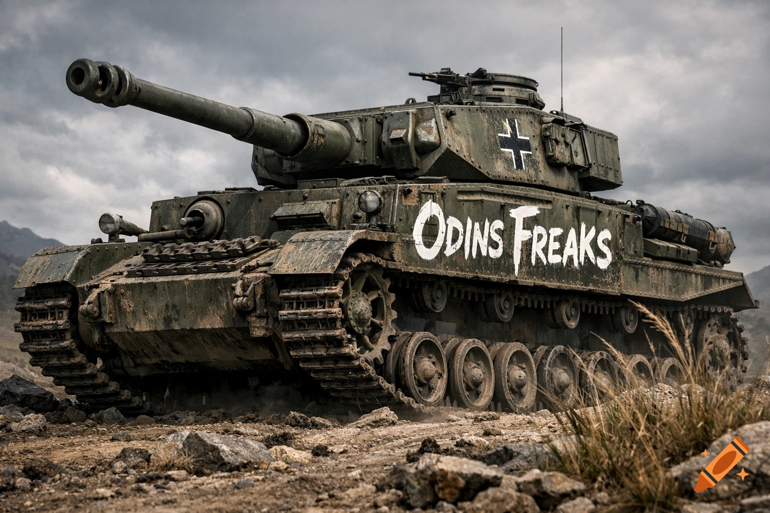 A dirty, photorealistic military Panzer tank with "ODINS FREAKS" painted on its side, on rocky ground under a cloudy sky.