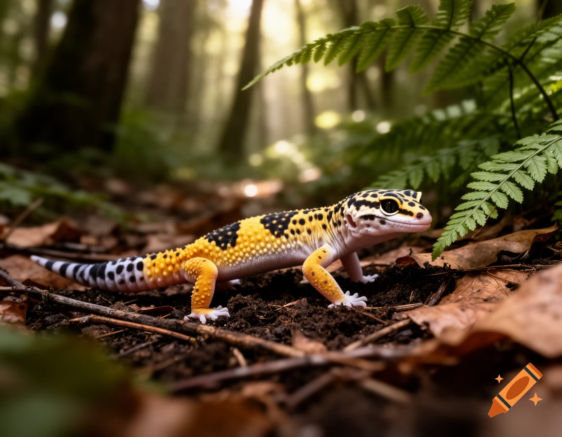 A vibrant leopard gecko with yellow, black, and white patterns walks on forest ground, sunlit through the trees.
