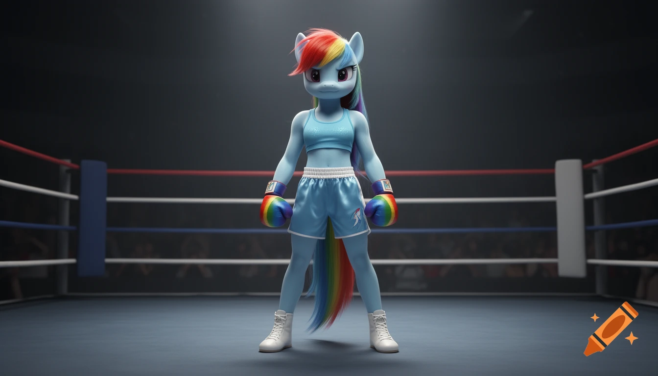 A 3D hyperrealistic Rainbow Dash from My Little Pony in a light blue boxing outfit, rainbow gloves, and white shoes, standing in a boxing ring.