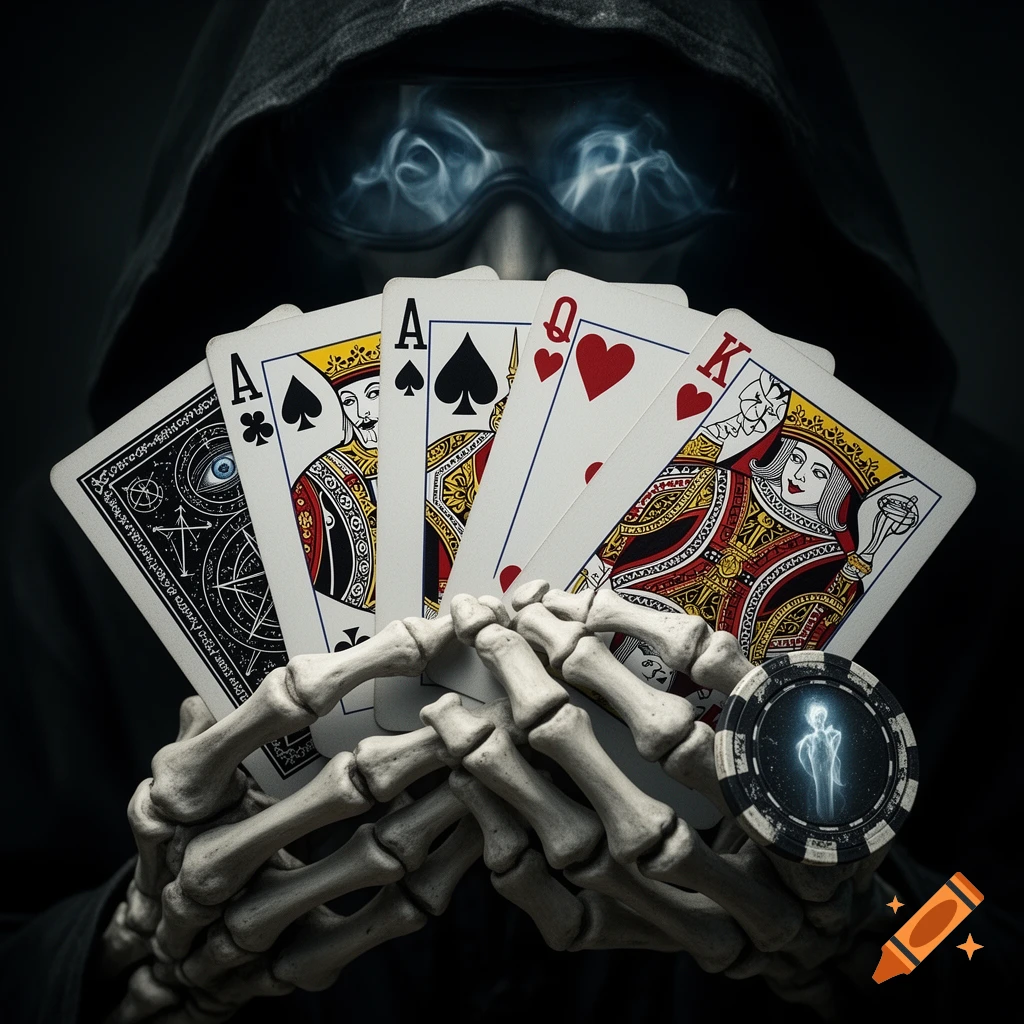 A close-up of skeletal hands holding a poker hand, with a hooded figure and glowing eyes in the dark background. The cards include an Ace of Spades, a King, a Queen of Hearts, and another Ace, along with a poker chip with a glowing figure.