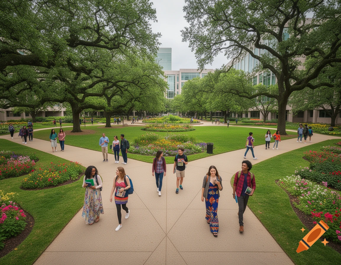 Diverse students walk on paved paths through a lush green university campus with large trees, flowerbeds, and modern buildings in the background.