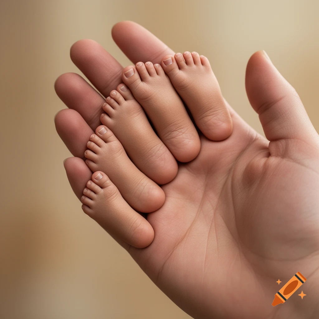 An adult hand holds five miniature baby feet, each acting as a finger, against a blurred beige background.