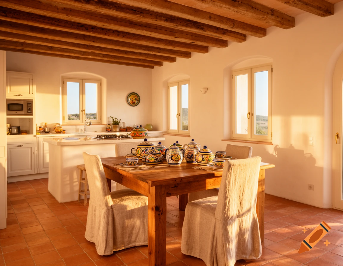 Photorealistic Mediterranean open kitchen and dining room with exposed wooden beams, terracotta floor, and hand-painted ceramics.