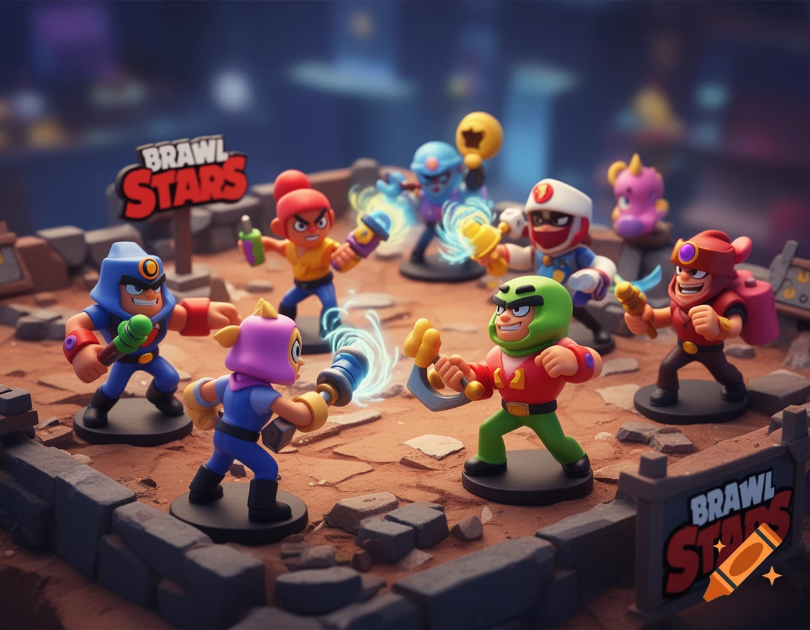 Miniature battle scene featuring colorful Brawl Stars action figures on a rocky terrain with two logo signs.