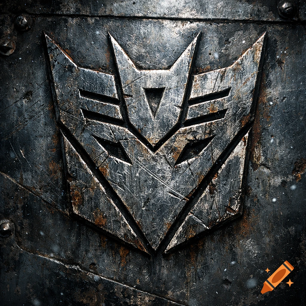 Scratched, metallic Decepticon logo on a dark, rusted metal background.