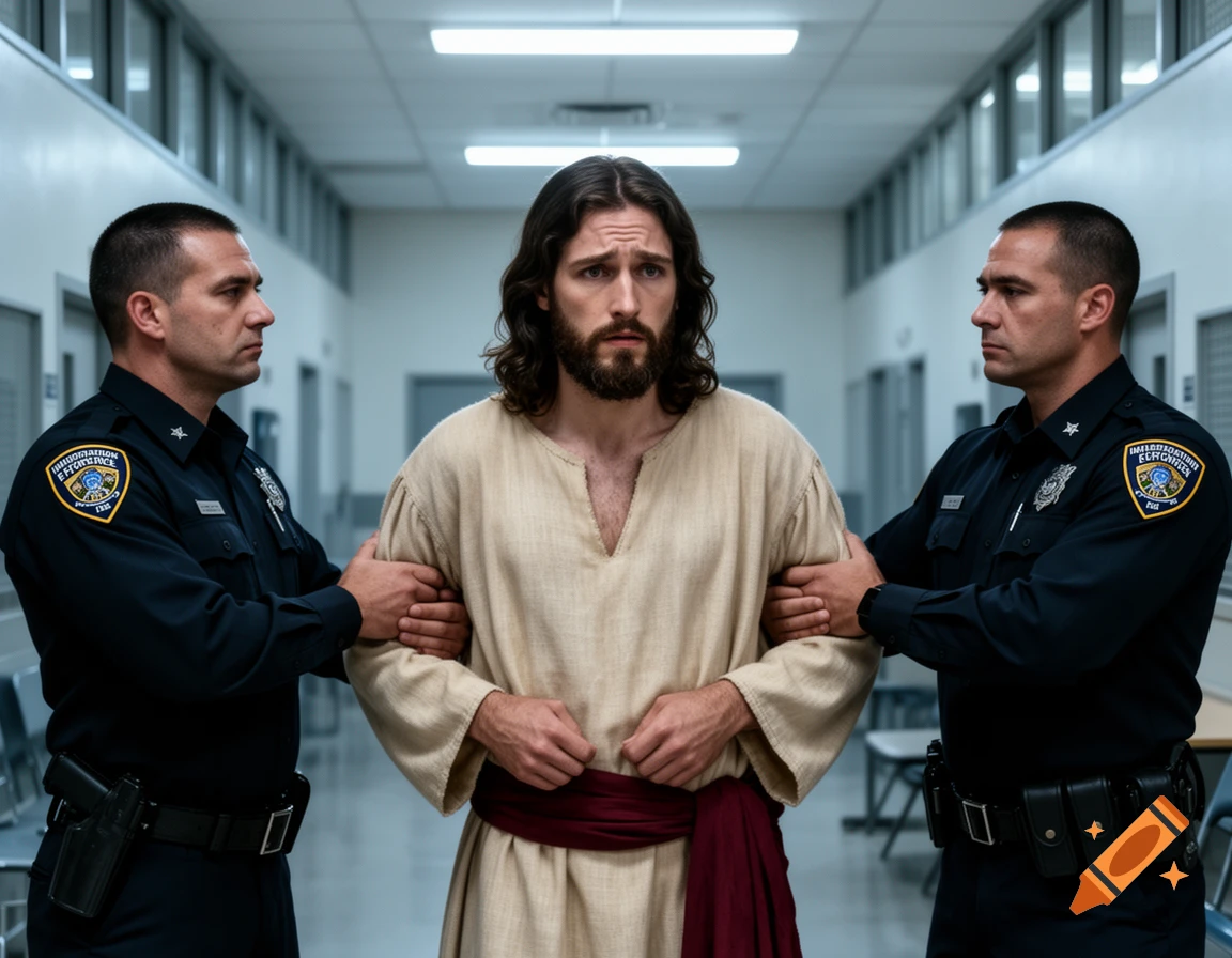Jesus Christ, dressed in robes, is escorted by two police officers in a modern hallway.