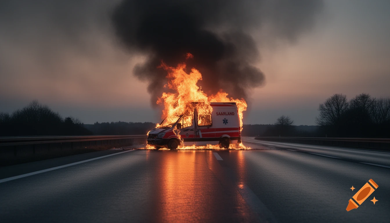 A burning ambulance, marked 'SAARLAND', on a highway at dusk, with thick black smoke rising into the sky.
