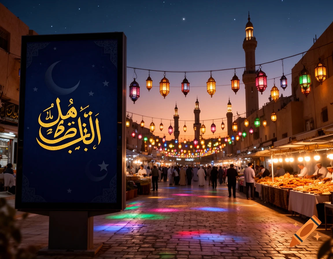 A vibrant night street scene in a Middle Eastern city during Ramadan, illuminated by colorful lanterns and a billboard with Arabic calligraphy.