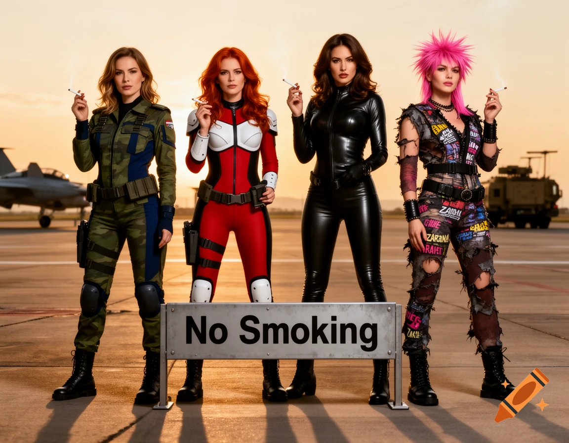 Four women dressed as GI JOE characters, Lady J, Scarlet, The Baroness, and Zarana, each holding a cigarette, standing on a military airfield next to a "No Smoking" sign, in a photorealistic style.