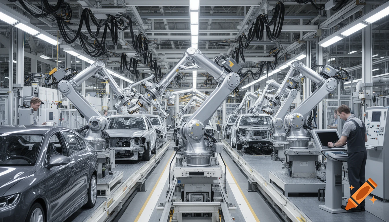 Photorealistic image of robotic arms working on cars in a brightly lit automotive production line, with human workers monitoring the process.