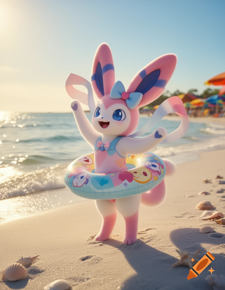 A cute Sylveon in a blue swimsuit and a colorful float ring stands on a sandy beach, with the ocean and beach umbrellas in the background under a sunny sky.