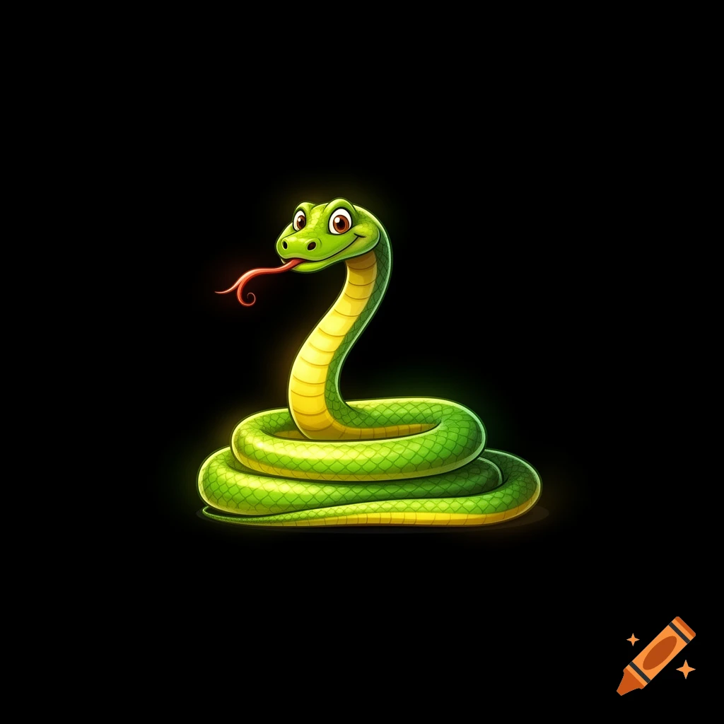 A happy green cartoon snake with a yellow belly and red tongue, coiled on a black background.