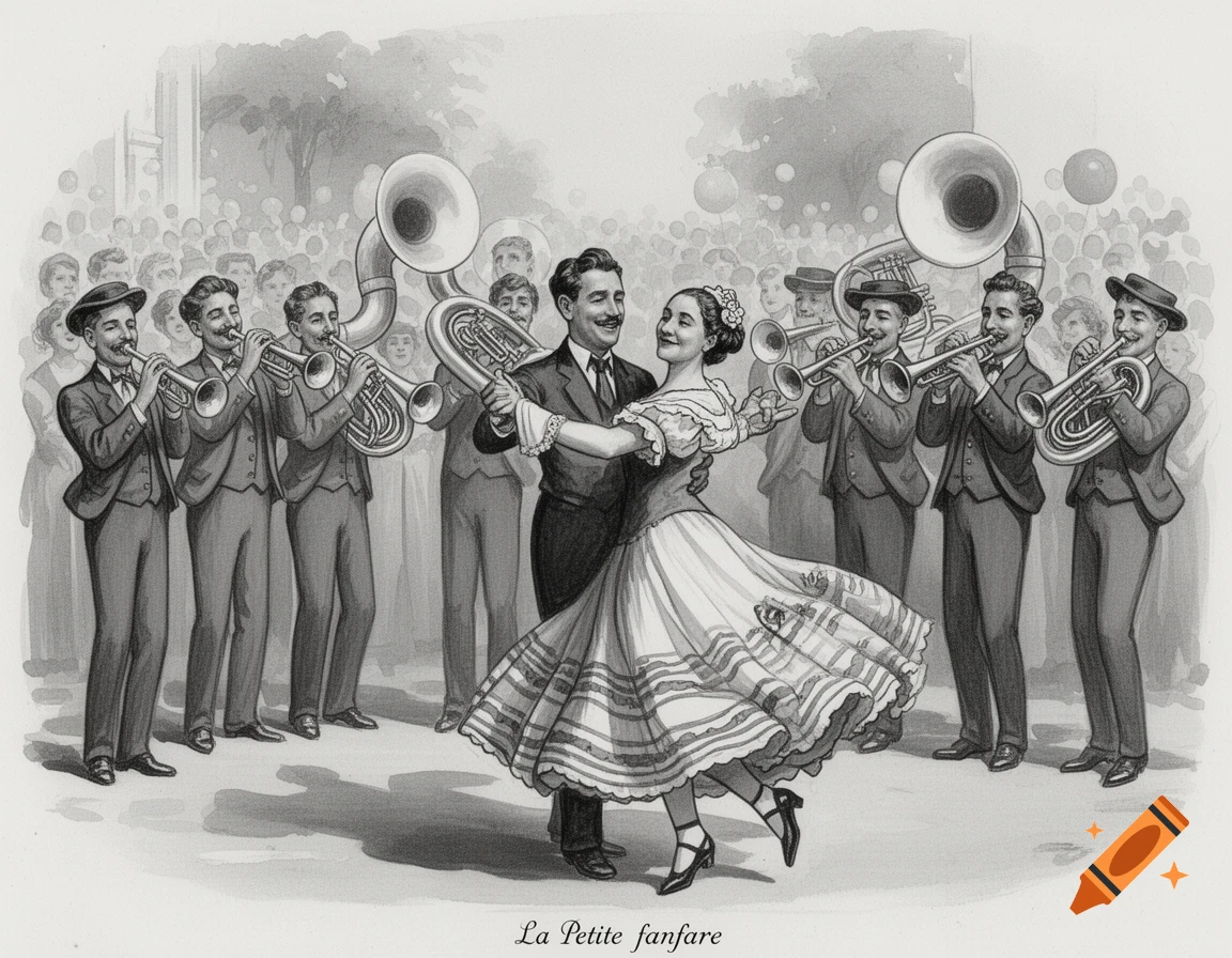 A black and white vintage illustration of a couple dancing in folk attire, surrounded by a band playing brass instruments and a crowd.
