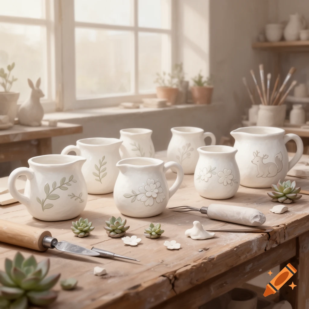 A rustic wooden table in a sunlit pottery studio, displaying several white clay pitchers and mugs with delicate leaf and flower designs, surrounded by small succulents and pottery tools.