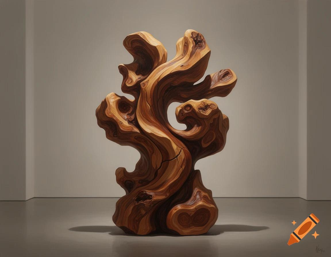 A detailed, realistic abstract wooden sculpture with intricate grains stands in a minimalist gallery space.