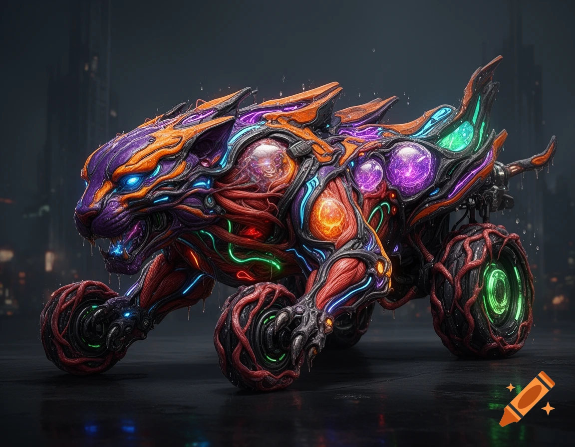 A glowing biopunk panther battle chariot with exposed musculature and glowing neon veins, standing in a dark, wet city environment.