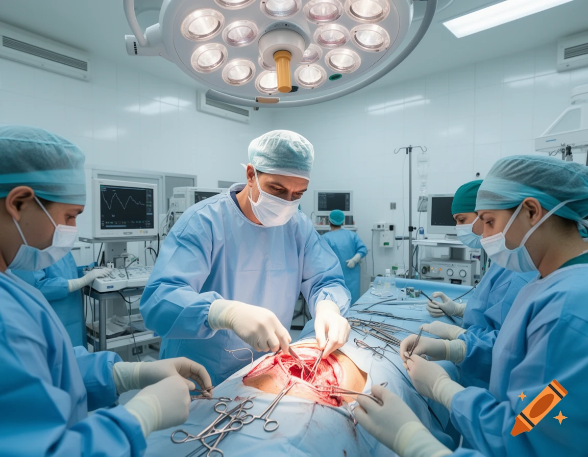 A team of surgeons in blue scrubs performing a chest operation in a brightly lit operating room, medical monitors in the background.