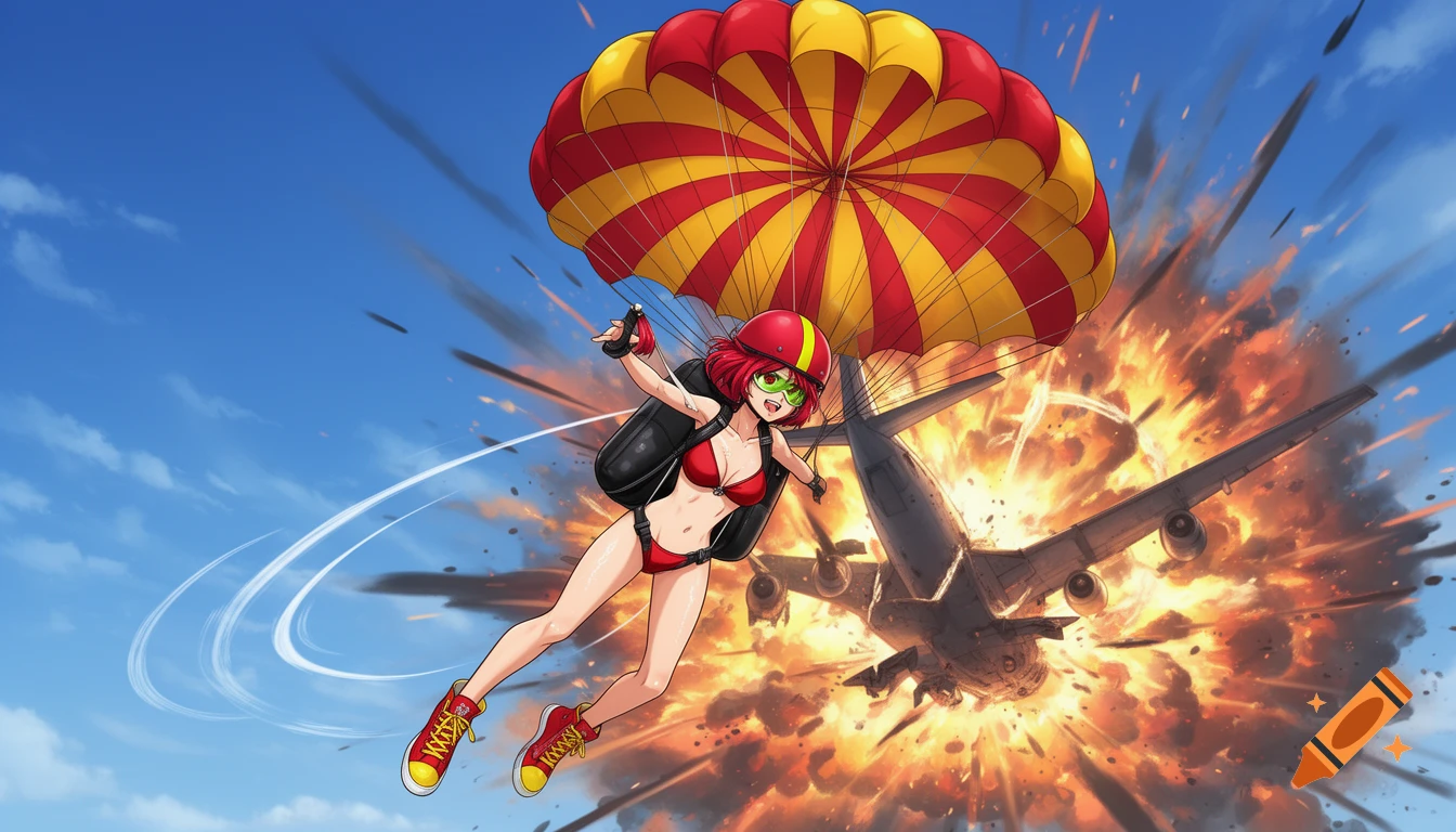 Anime woman in a red bikini, helmet, and parachute descends from an exploding plane, a red and yellow parachute deployed.