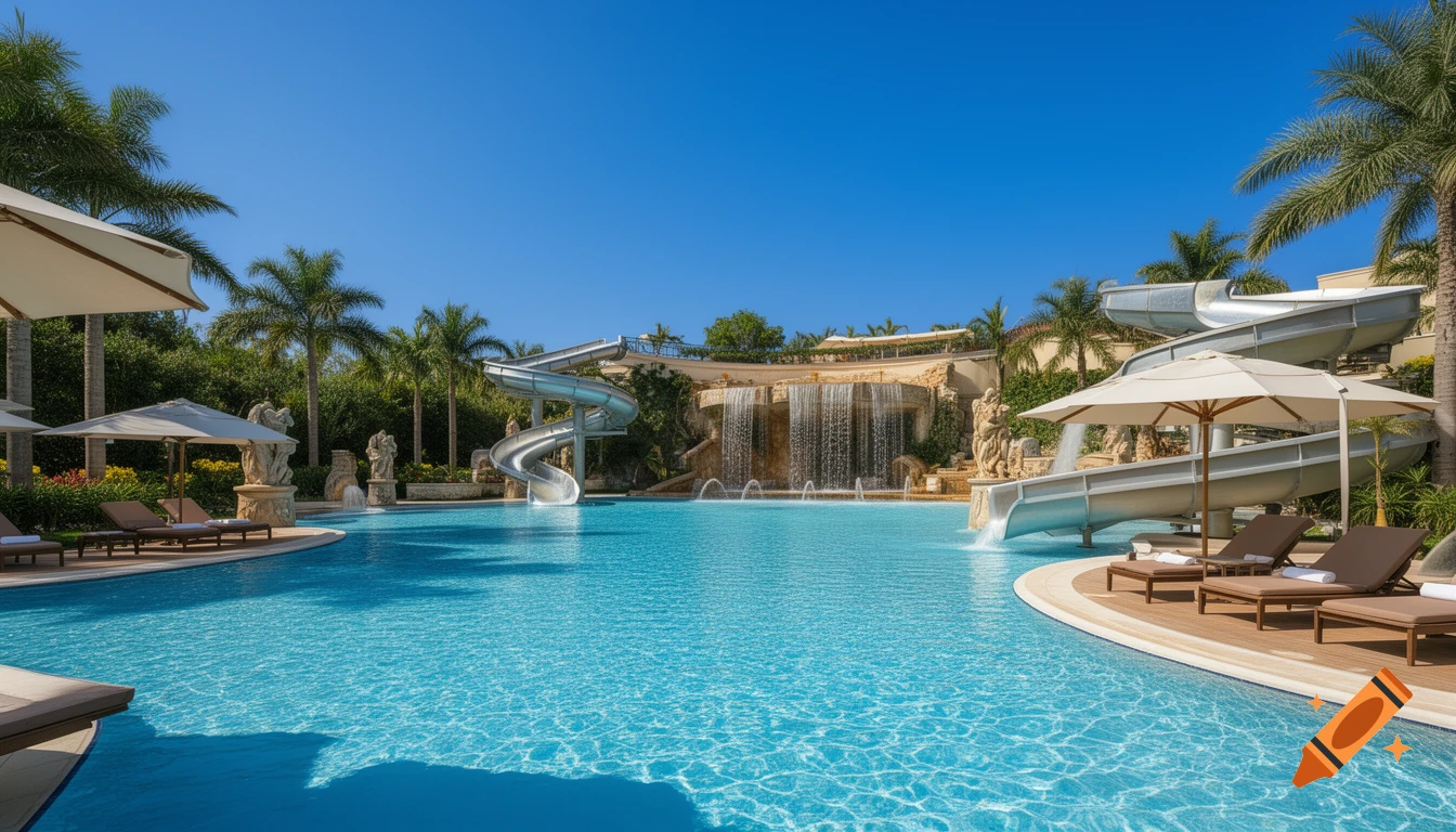 A large outdoor swimming pool with water slides, waterfalls, lounge chairs, and palm trees under a clear blue sky.