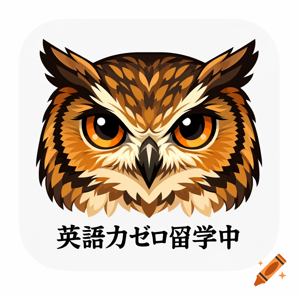 An illustrated close-up of a brown and orange owl head with large eyes, and Japanese text below it on a white background.
