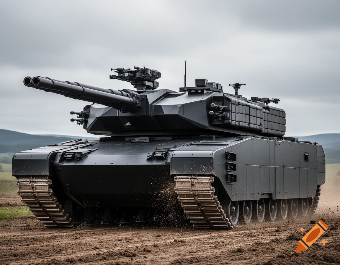 A photorealistic, dark gray super-heavy tank with a double-barreled cannon drives through muddy terrain under a cloudy sky.