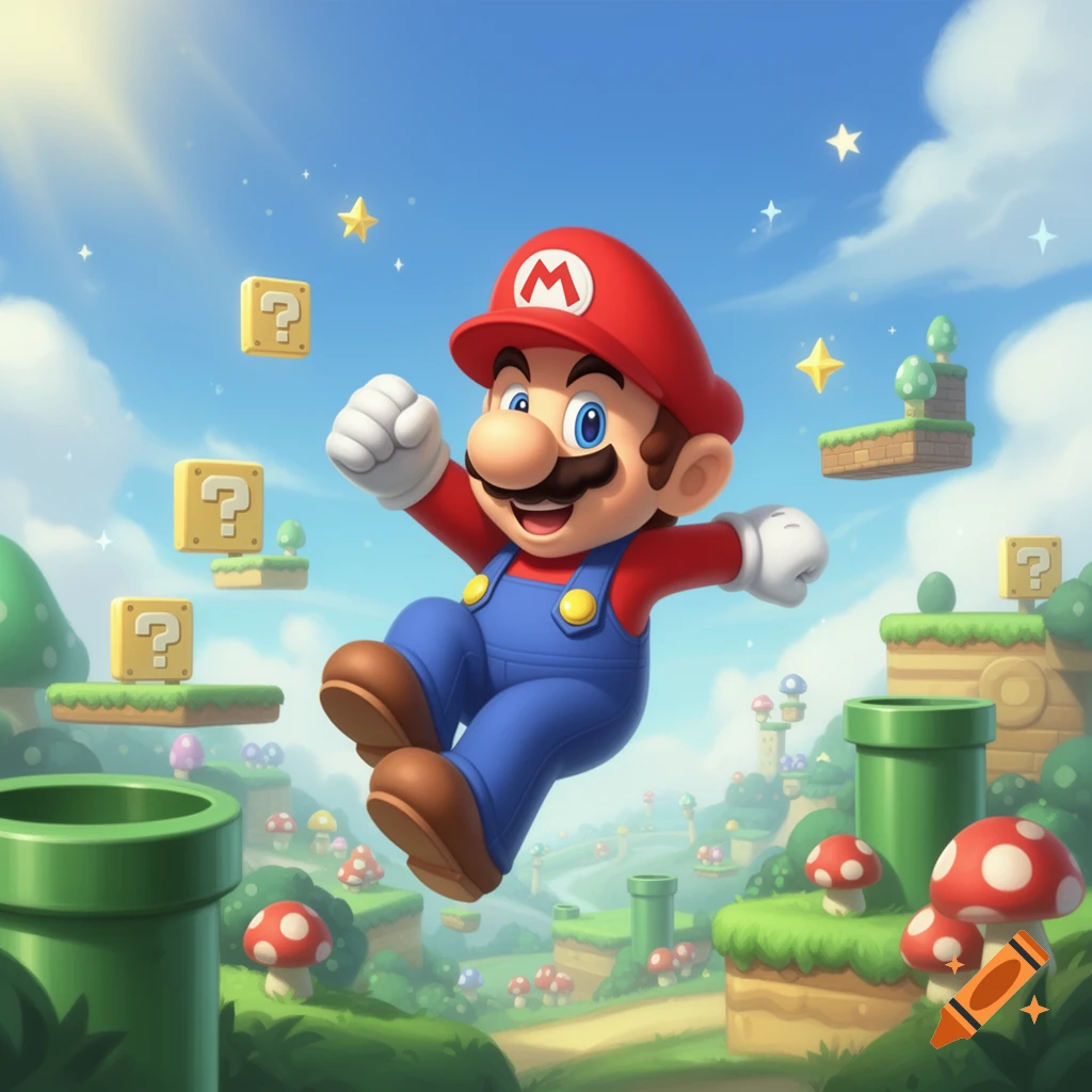 Super Mario jumps in a vibrant, cartoonish video game world with green pipes, question blocks, and red mushrooms.