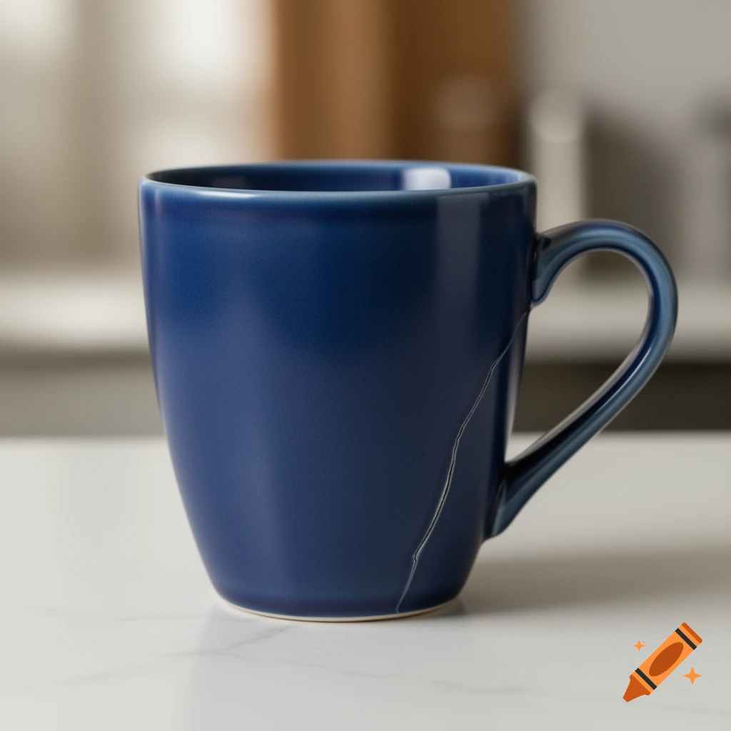 Dark blue ceramic mug with a subtle crack running down its side, sitting on a white counter in a kitchen.