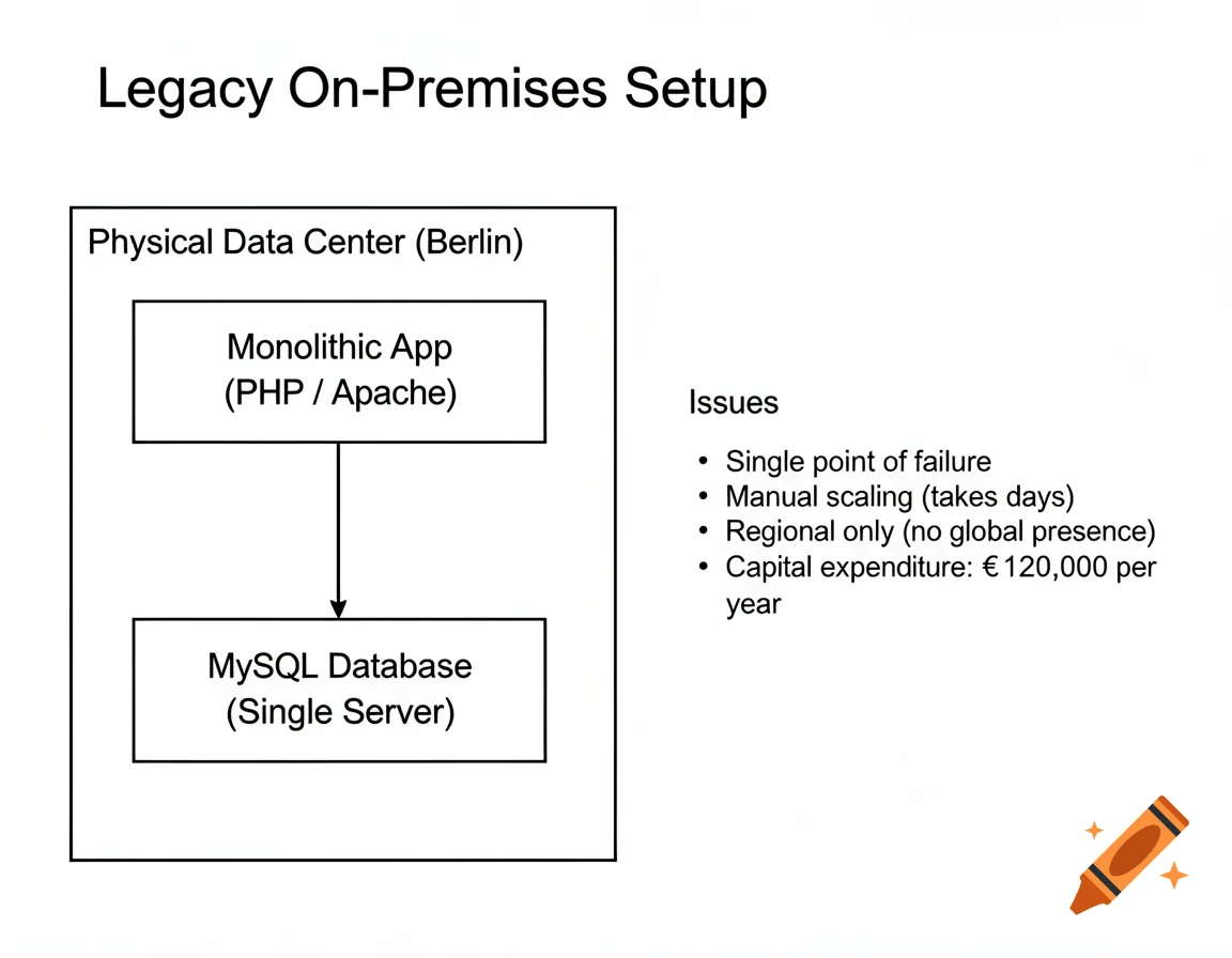 Black and white diagram of a legacy on-premises setup, detailing a monolithic app, MySQL database, and a list of issues.