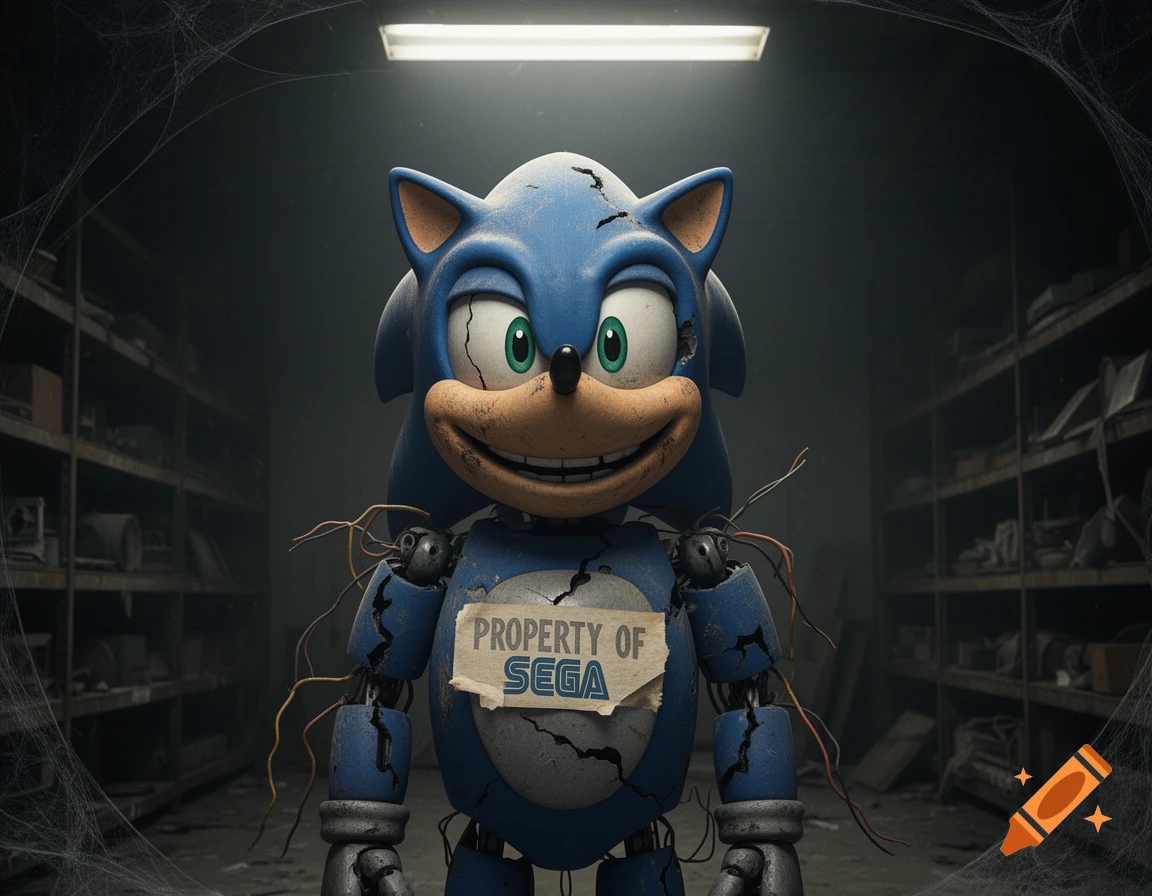 A damaged, eerie Sonic animatronic with exposed wires, cracks, and 'PROPERTY OF SEGA' sign in a dark, dusty warehouse.