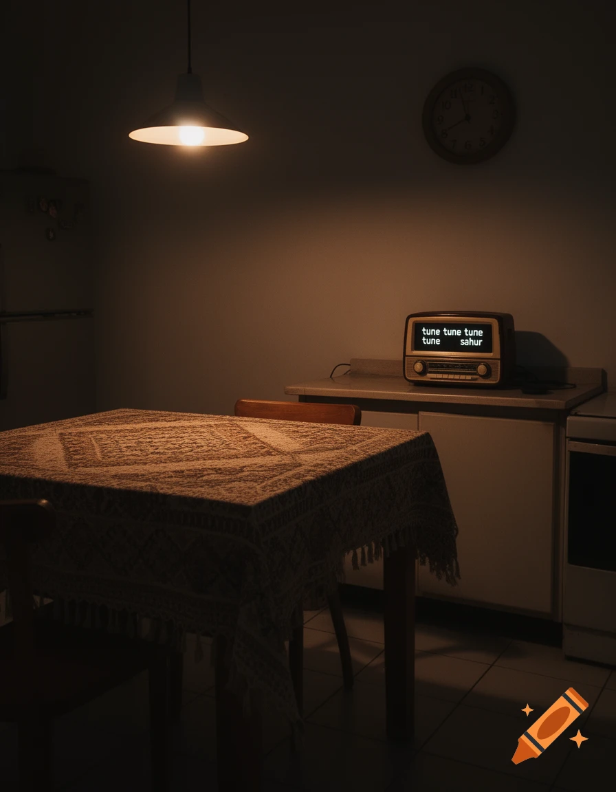 A dimly lit room with a patterned tablecloth on a table, an overhead light, and a vintage radio on a counter displaying "tune tune tune tune sahur".