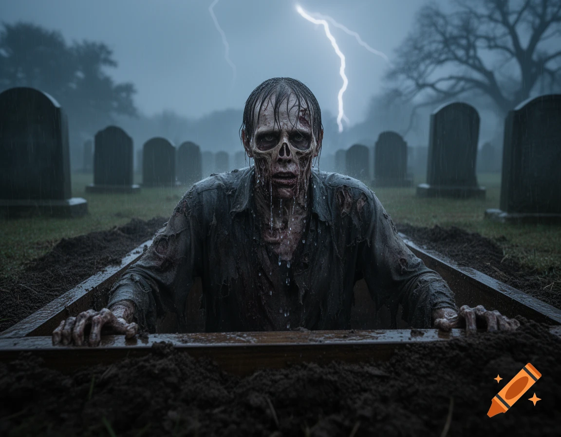 A male zombie with a skeletal face and decaying skin crawls out of a grave in a rainy graveyard under lightning.