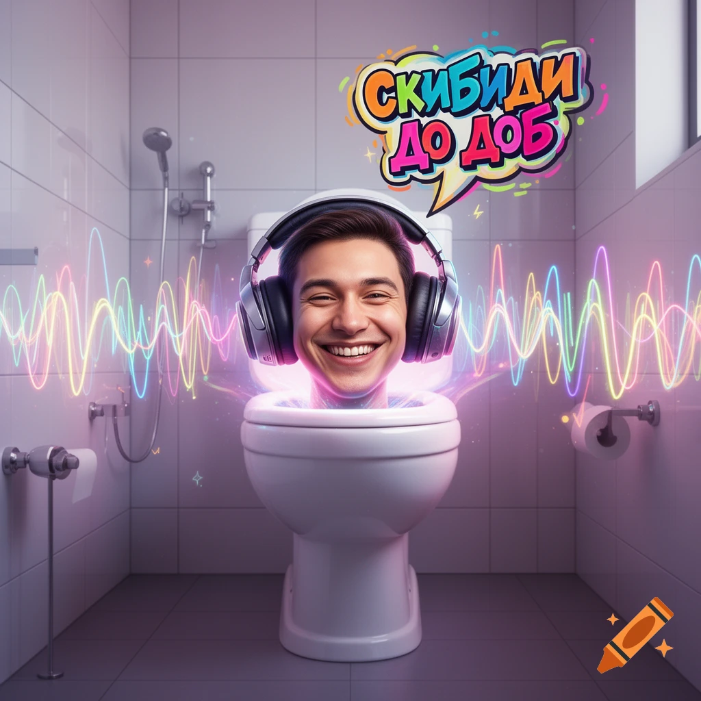 A smiling man's head wearing headphones emerges from a toilet, surrounded by glowing neon sound waves and a 'СКИБИДИ ДО ДОБ' speech bubble.