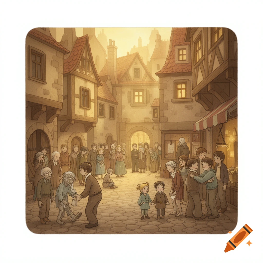 Children's book illustration of people in a historical European town, some appearing ill while others offer help.