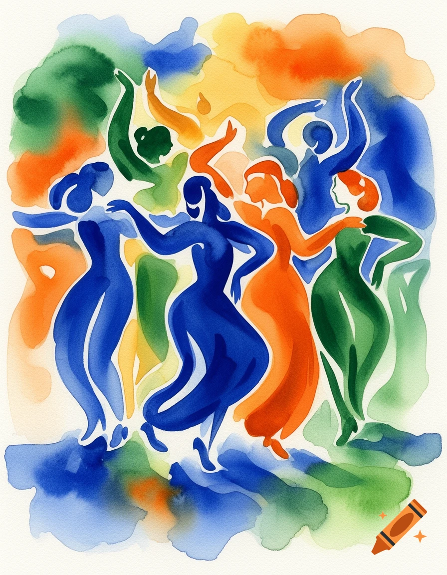 Vibrant watercolor painting of abstract blue, orange, and green figures dancing fluidly.