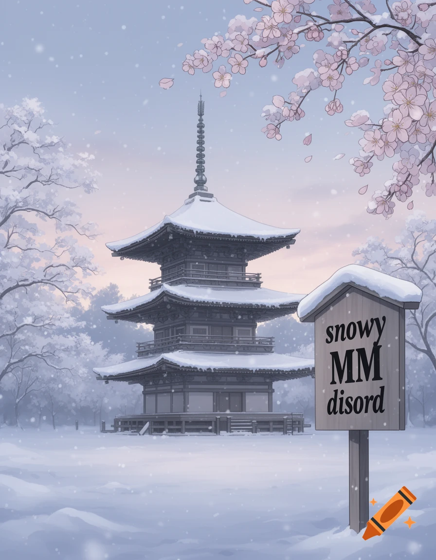 Anime style snowy landscape with a traditional Japanese pagoda, cherry blossoms, and a wooden sign saying 'snowy MM disord'.