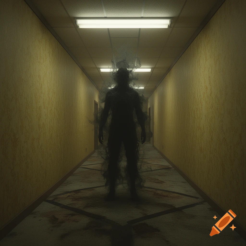 A dark, smoky entity stands in a long, dimly lit hallway with yellow textured walls and blood-stained floor featuring a dark symbol.