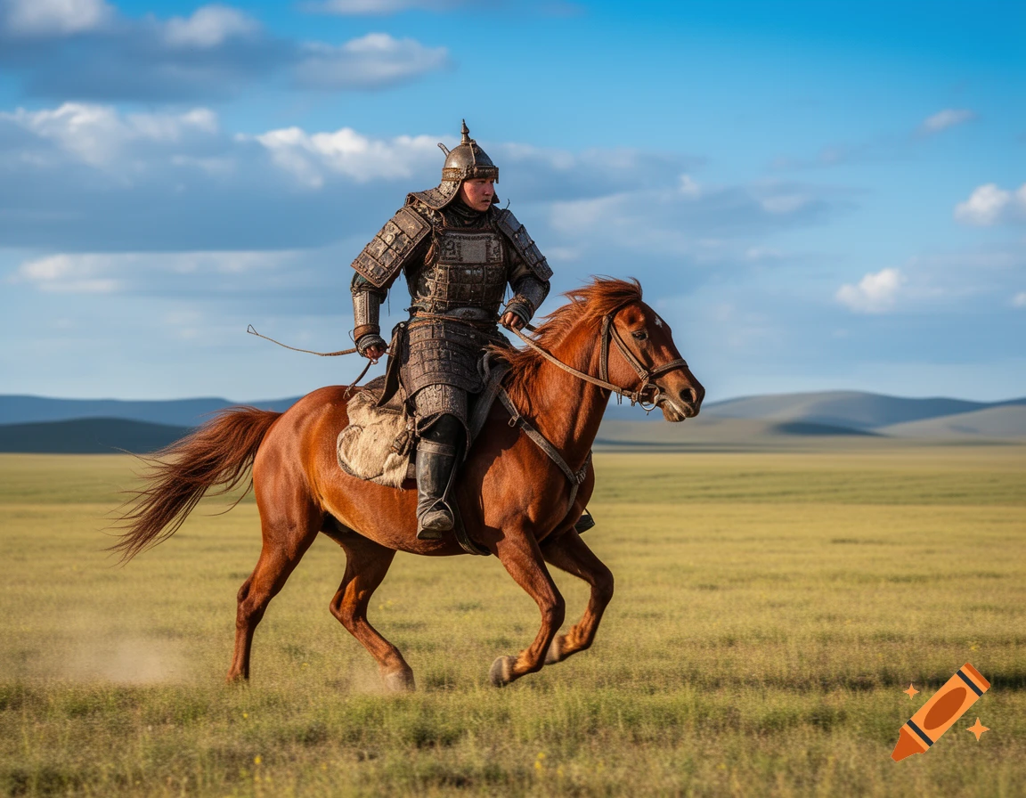A fully armored Mongolian rider on a brown horse gallops across a vast, grassy plain under a blue sky, kicking up dust.