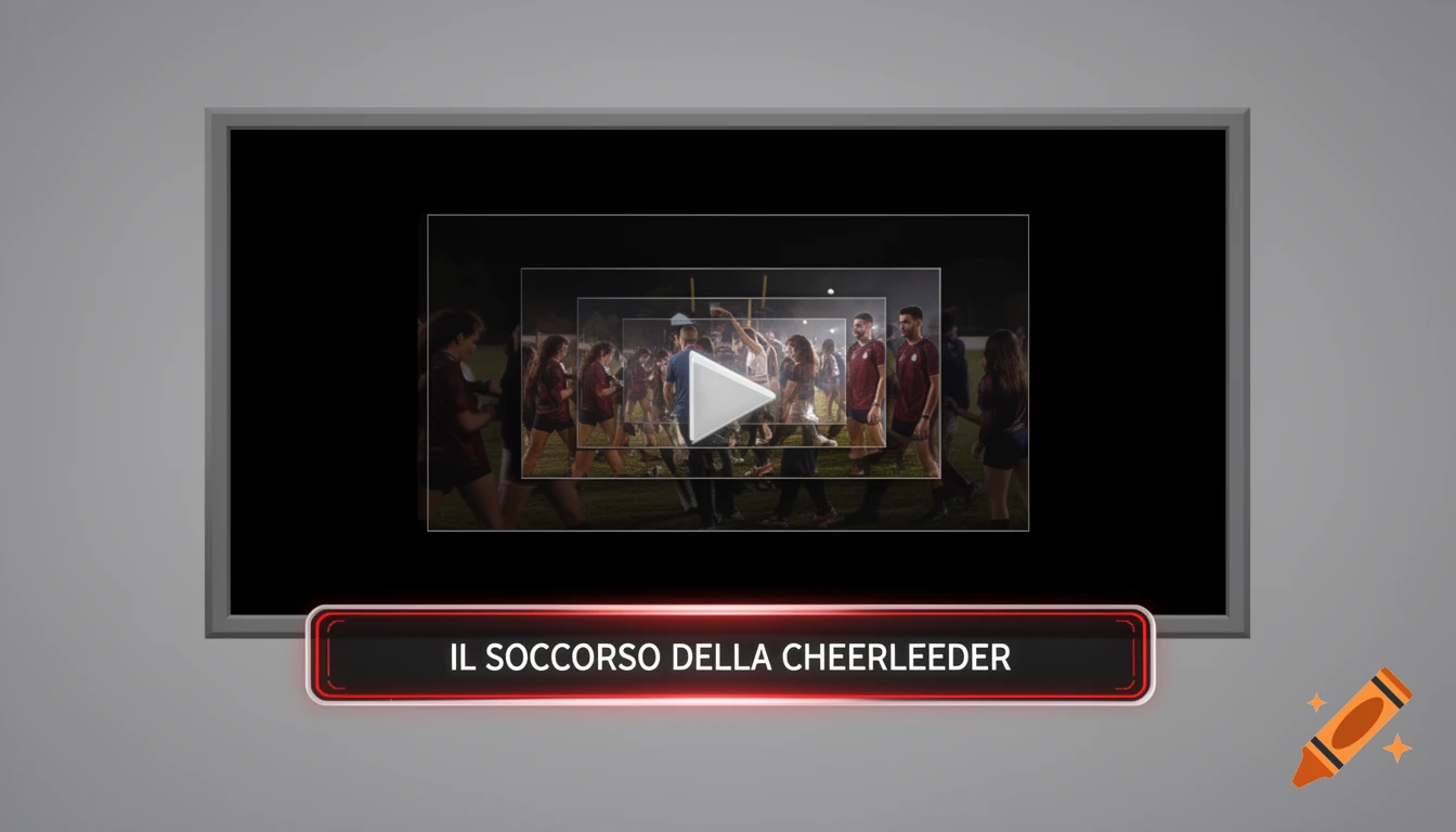 A simulated video player interface on a gray background, displaying a video thumbnail of people on a field at night, with a play button overlay and a title card reading "IL SOCCORSO DELLA CHEERLEADER".