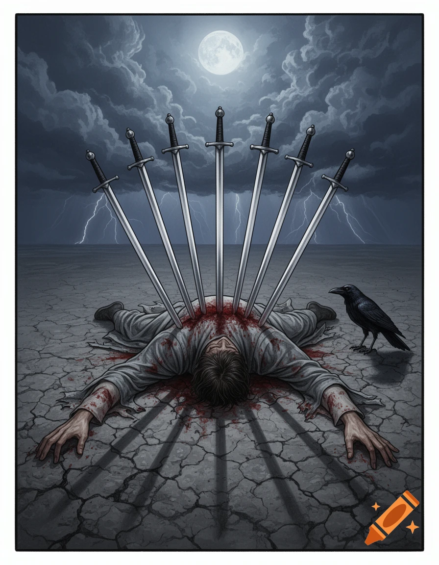 A stylized illustration depicts a man impaled by seven swords, lying dead on cracked earth under a stormy moonlit sky, with a raven nearby.