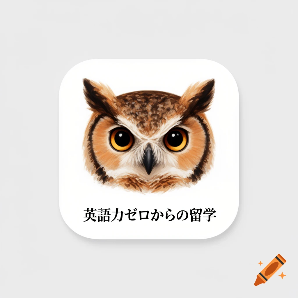 A stylized app icon featuring a close-up of a wise-looking owl's face with bright orange eyes on a white background, with Japanese text "英語力ゼロからの留学" (Study Abroad from Zero English Ability) below it.