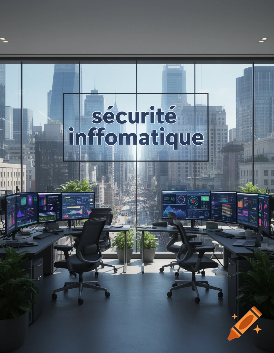 Modern office with multiple computer screens showing data, overlooking a city skyline. Text 's c curit inffomatique' overlaid on the window.