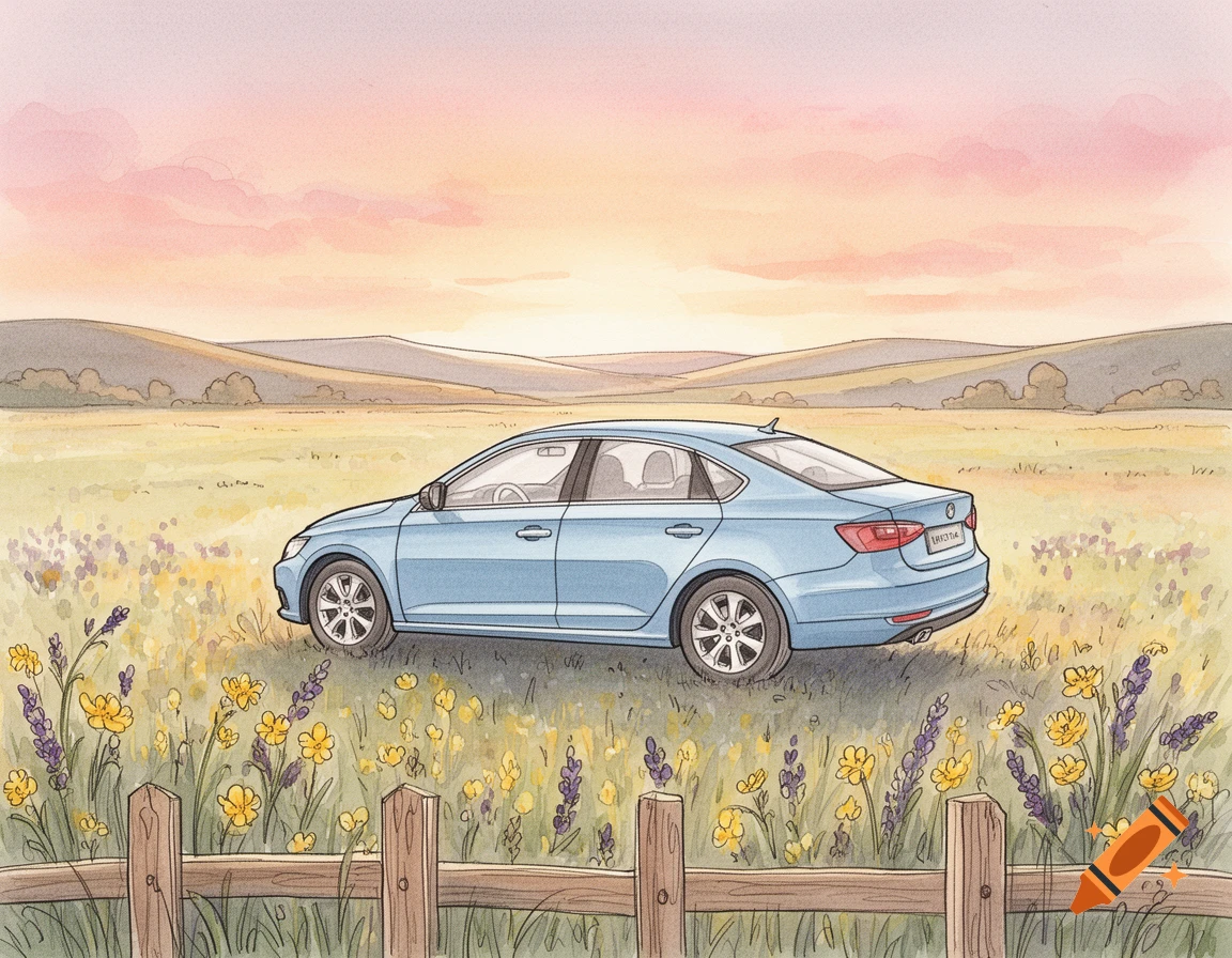 A light blue car parked in a field of wildflowers with rolling hills under a pastel sunset sky, in a pen and wash illustration style.