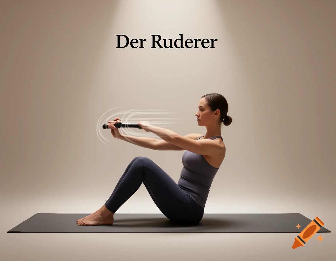 Woman in athletic wear doing a seated rowing exercise on a mat with a flexibar, titled 'Der Ruderer'.