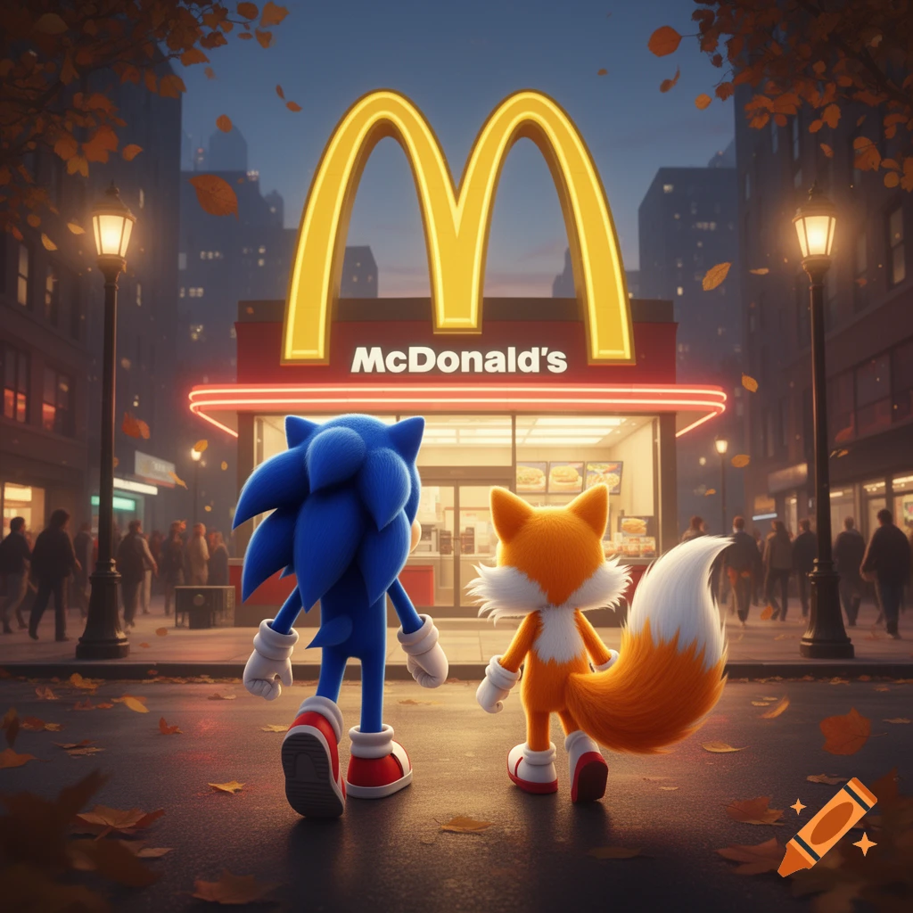 Sonic and Tails, seen from behind, walk towards a glowing McDonald's in a city street with autumn leaves at dusk.