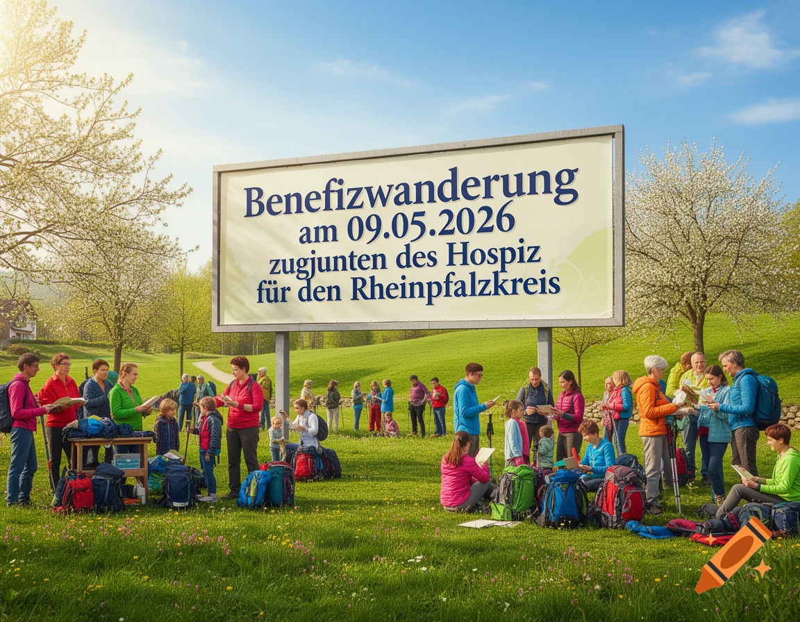 A photorealistic image shows people gathering for a benefit hike in a sunny, grassy field, with a billboard announcing the event.
