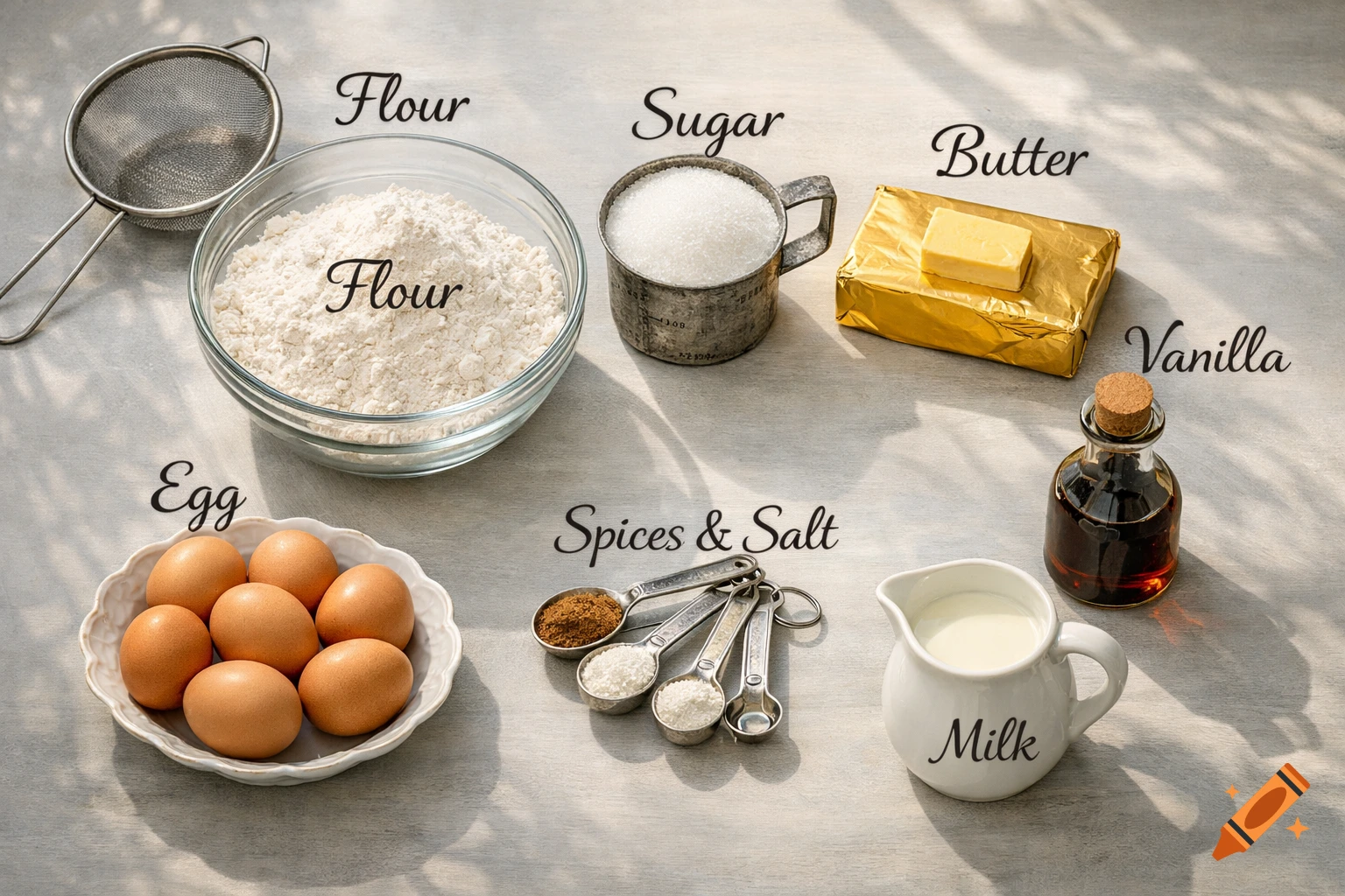 Baking ingredients including flour, sugar, butter, eggs, spices, vanilla, and milk, all labeled on a light table.