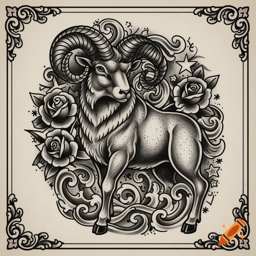 Black and grey old school tattoo style art of an Aries ram surrounded by roses and stars, within a decorative frame.