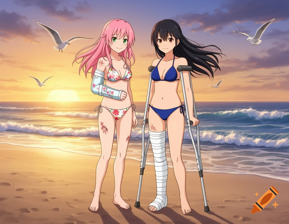 Two anime girls in bikinis on a beach at sunset. The pink-haired girl has an arm cast, and the black-haired girl is on crutches with a leg cast. Seagulls fly overhead.