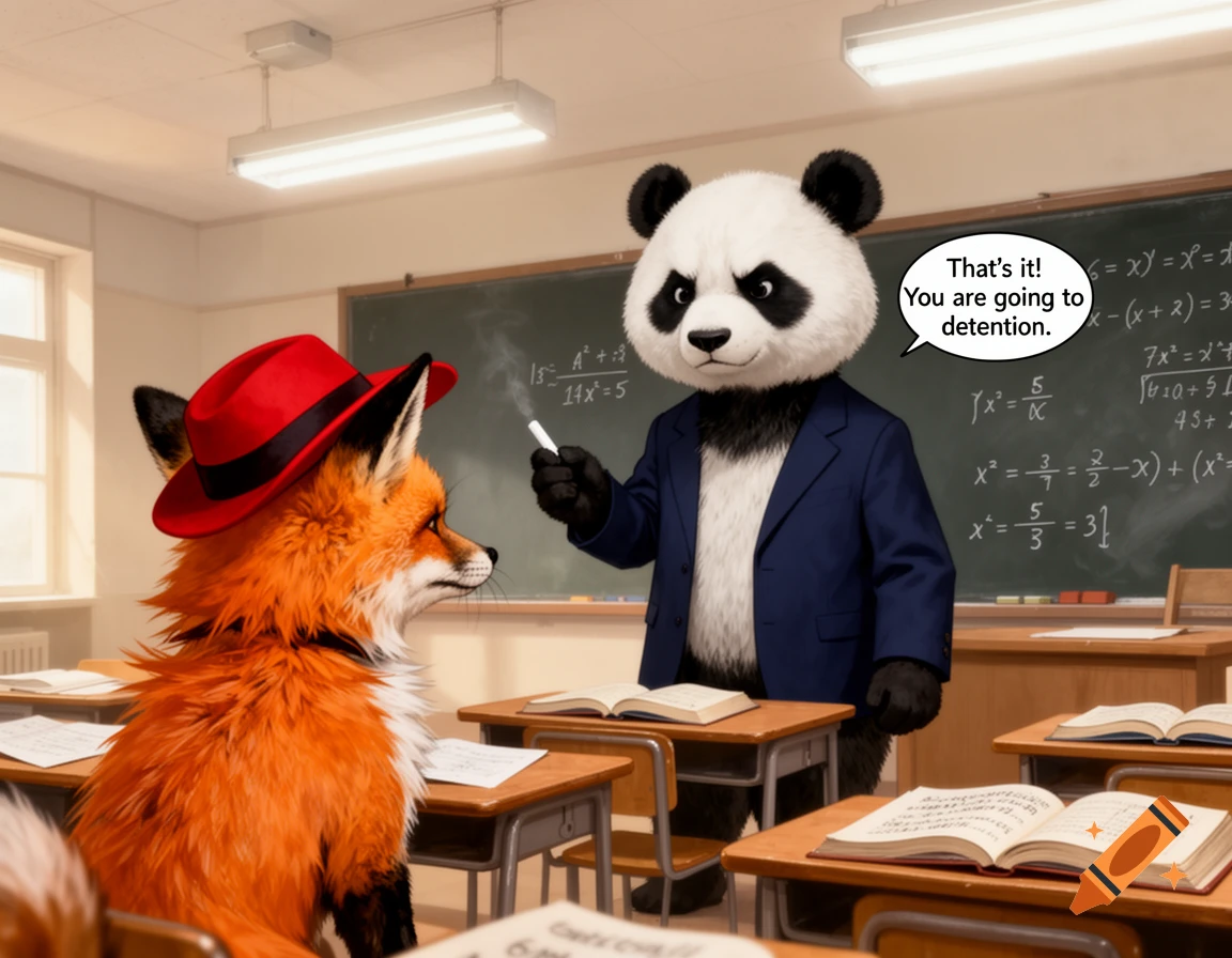 A serious panda teacher with chalk tells a fox wearing a red hat in a classroom, 'That's it! You are going to detention.'