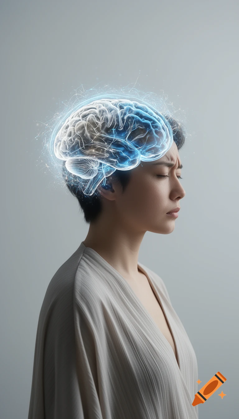 Profile view of a person with eyes closed and furrowed brow, a glowing, translucent brain illustration above their head, set against a minimal background.